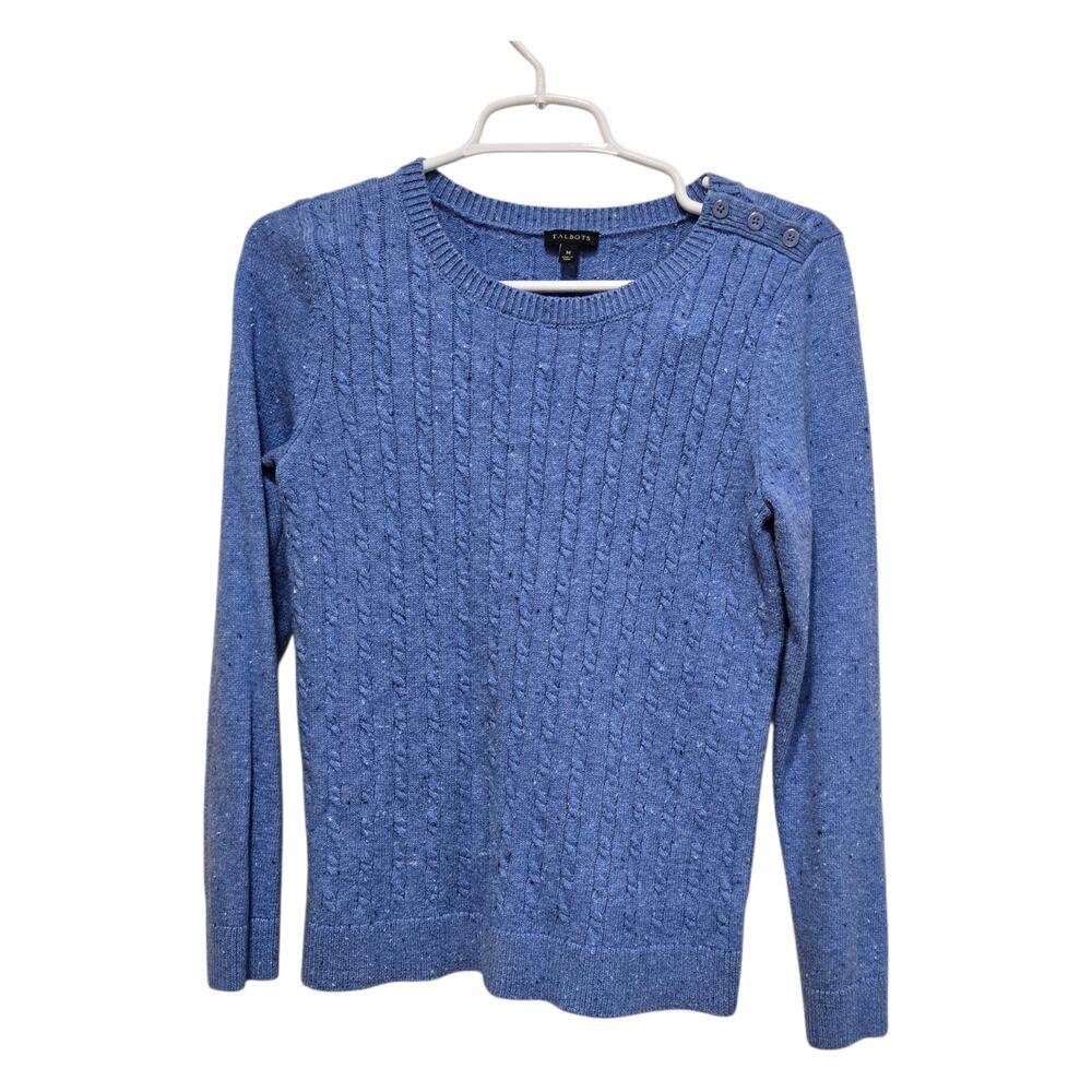 Talbots Cable Knit Sweater Medium Blue Button Shoulder Speckled